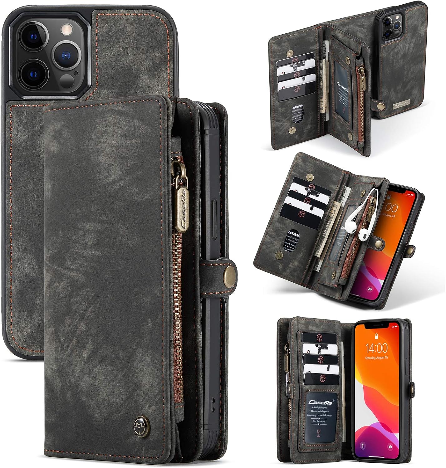 ANROD Detachable Leather Wallet Case for iPhone 12 Pro,CaseMe Magnetic Closure 2-in-1 Flip TPU Shockproof Zipper Purse Back Cover with Card Slots (Black)