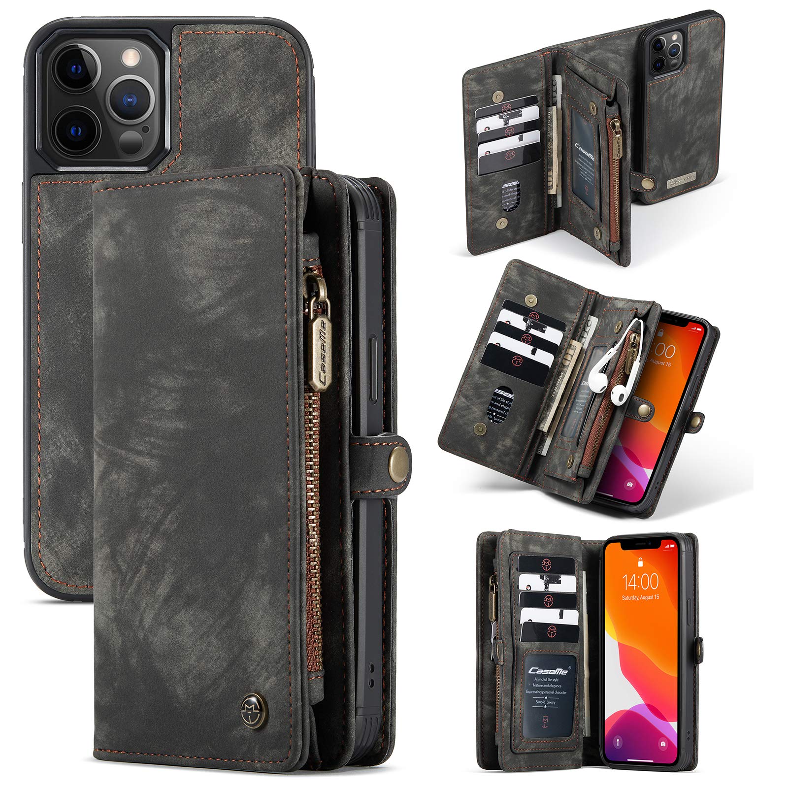 ANROD Detachable Leather Wallet Case for iPhone 12 Pro,CaseMe Magnetic Closure 2-in-1 Flip TPU Shockproof Zipper Purse Back Cover with Card Slots (Black) — image 1
