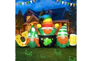 MICOCAH 8 FT Long St. Patrick's Day Inflatables Outdoor Decorations 3 Gnomes with Shamrock Gold Pot & Lucky Horseshoe & Beer, LED Lighted Blow Up Yard Decoration St Patricks Day Decor for Lawn Garden Holiday