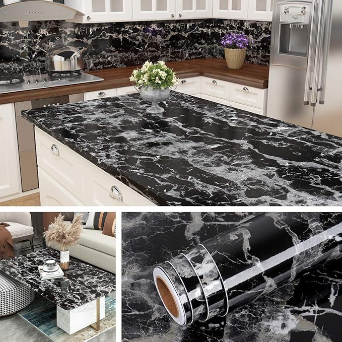 UCRAVO Peel and Stick Countertop Contact Paper Waterproof Kitchen Countertop Paper Black Marble