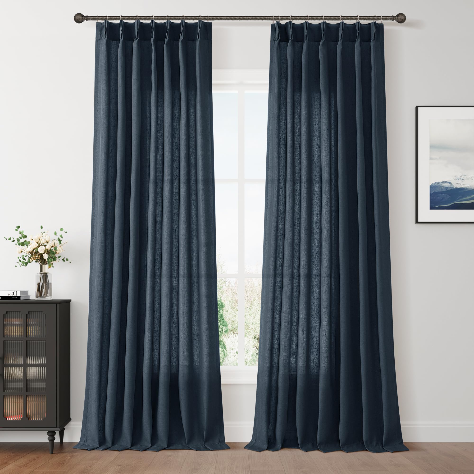 Aersas Vintage Blue Linen Pinch Pleat Curtains 102 Inches for Bedroom Kids Room Semi Sheer Privacy Flax Textured Pleated Drapes Dark Blue Filtering Sliding Glass Door Curtain Modern Decor 40x102 Image