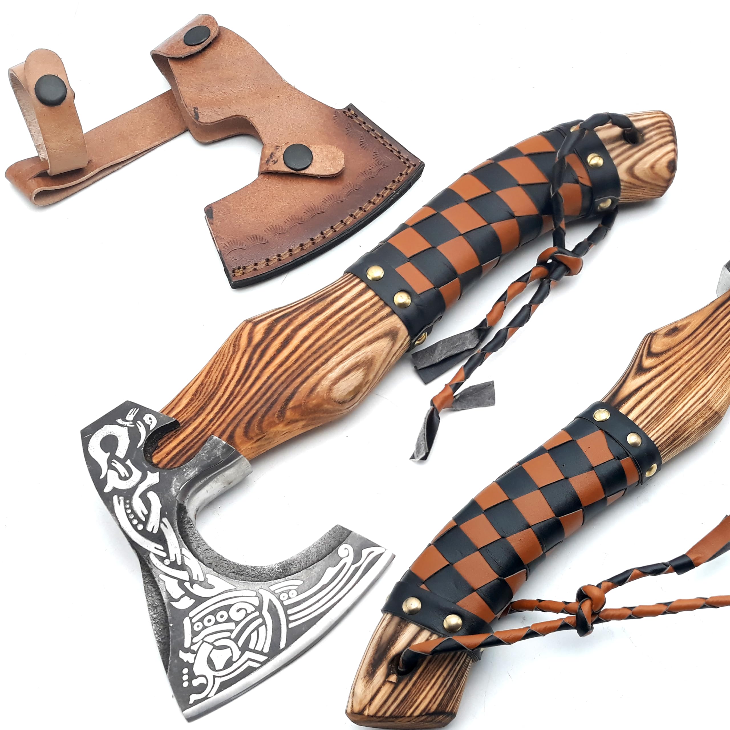 Photo 1 of ANCILLA 16? Viking Axe Hatchet for Camping - Norse Made of Hand-Forged Carbon Steel Blade & Rosewood Handle, Hatchet Comes with Leather Sheath - Tomahawk Viking Prop and Cosplay (Chess Black)