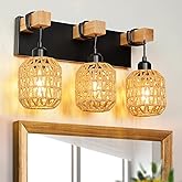 WILON Farmhouse Bathroom Light Fixtures, Black 3 Light Bathroom Vanity Light with Rattan Woven Lampshade, 53CM Wood Rustic Li