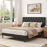 CXVX Queen Size Bed Frame with Diamond Tufted Headboard, Linen Upholstered Platform Bed and Wooden Slat Support, Noise-Free, No Box Spring Needed, Easy Assembly, Dark Grey