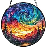 XFCICRLJ Northern Lights Suncatcher Stained Glass Window Hanging, Nature Mountain Aurora Borealis Sun Catchers Indoor Window Glass Wall Art Decor, Nature Wall Hanging Decor, 7.9x7.9 Inch 036-MH-BLGH