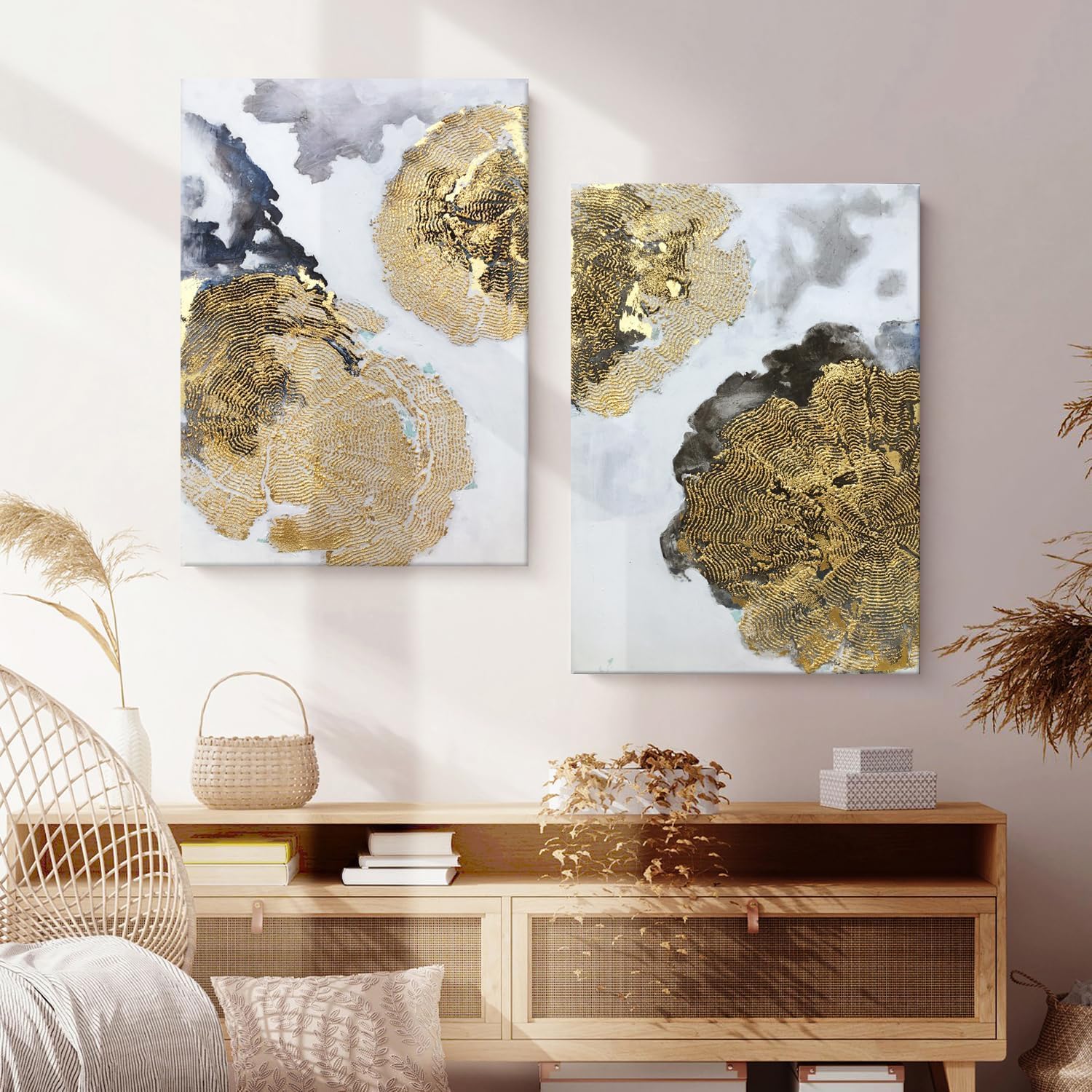 Paintings - 100% Hand Painted Gold Abstract Painting Wall Art, 2 Piece Canvas Wall Modern Art Oil Painting, Large 3D Textured Gold Leaf Painting For Home Bedroom/Kitchen/Living Room/Office Wall Decoration