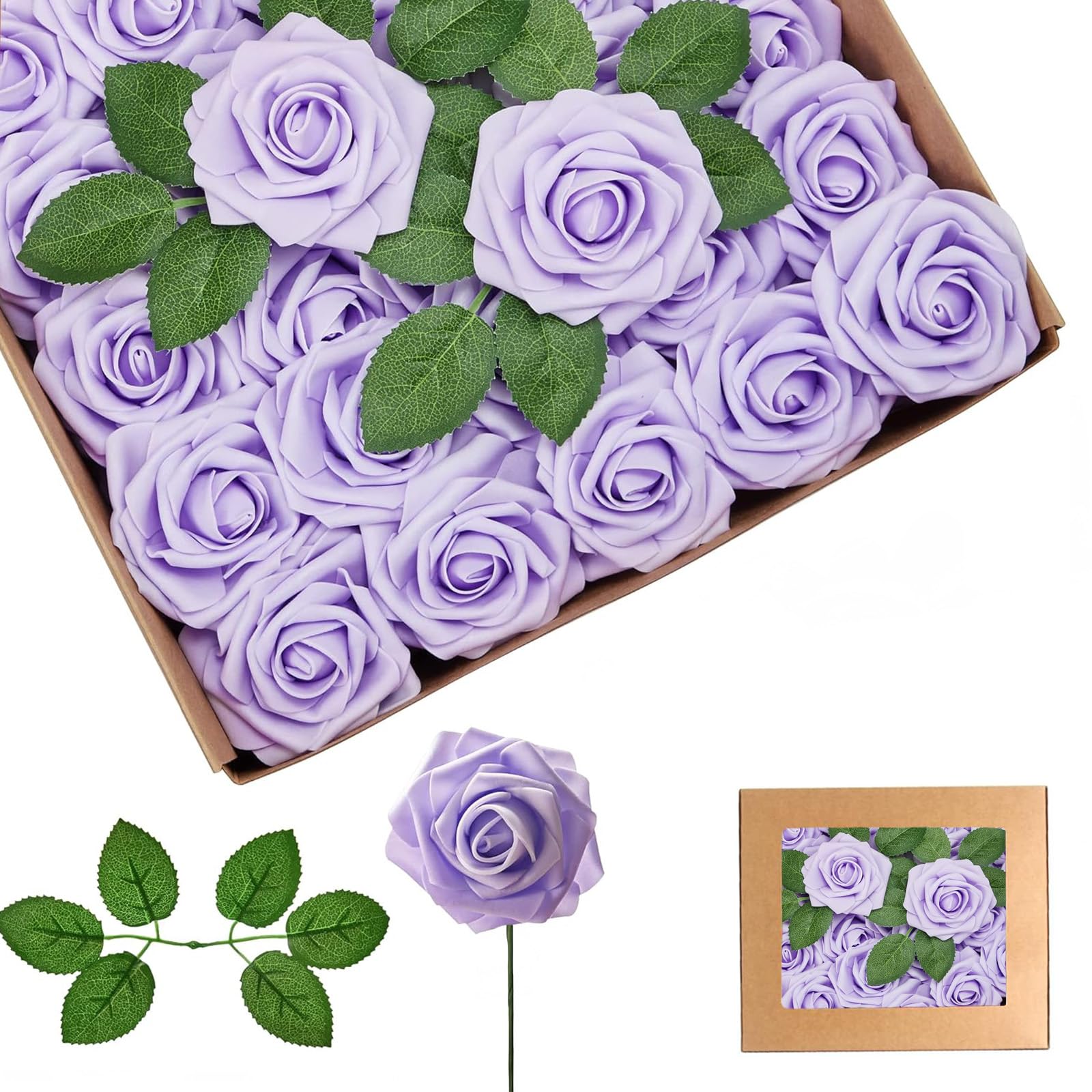 25Pcs Lilac Artificial Roses, Real Touch Foam Roses with Stems, 4 Leaves, Artificial Flowers for Wedding, Bridal Bouquets, Cake, Grave Stone, Table Centerpieces, Baby Shower, Funeral Decoration