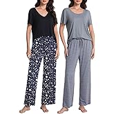 CONOMAX 2 Pack: Womens Pajama Set Short Sleeve Tops with Long Pants PJ Set Soft Lounge Sets for Women