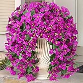 INXUGAO 2 pcs Artificial Faux Bougainvillea Flowers Plants for Outdoor Outside Summer Decoration, Fake Silk UV Resistant Long Trailing Vines for Front Door Porch Planter Balcony (Purple Deep Lotus)