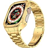 HASLFM Stainless Steel Watch Band and Case Compatible with Apple Watch Ultra 3/2/1 (49mm),Adjustable Metal Strap and Rugged Protector Cover for iWatch Men,Gold
