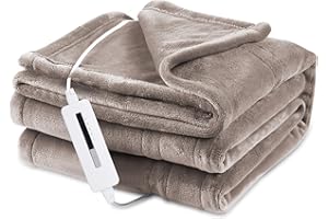 McJaw Heated Throw Electric 50x60 Cozy Flannel, 5 Heating Levels,Fast-Heating with 3 Hours Auto-Off, ETL Certified, Home and Office use, Machine Washable, Wearable Brushed Microfleece - Linen