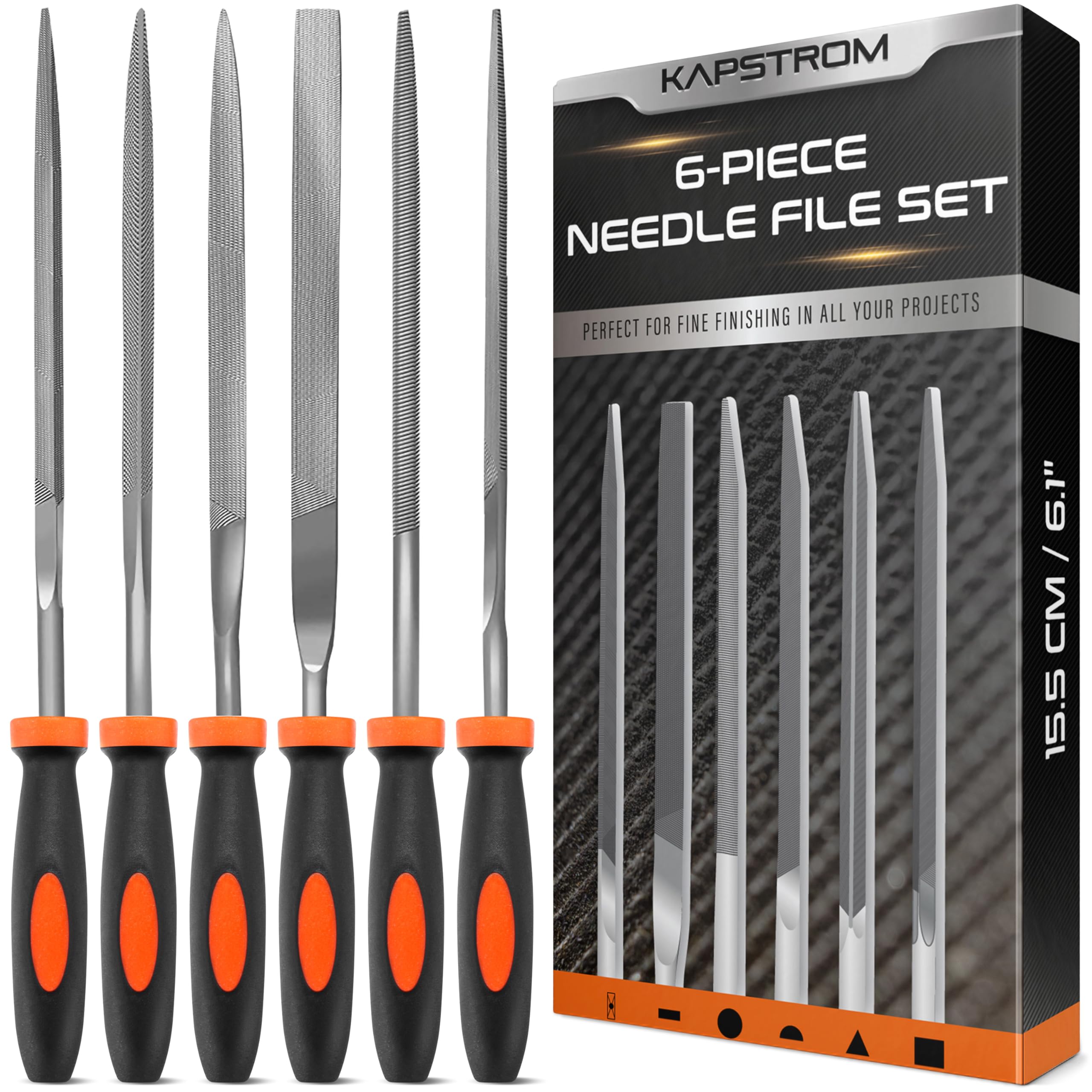 KapStrom Needle File Set, 6 Needle Files for Wood, Metal, Plastic & Jewellery, Includes Small Round, Half-Round, Square, Triangle, Flat & Flat Pointed Files, Carpenter’s Toolkit for Fine Finishing
