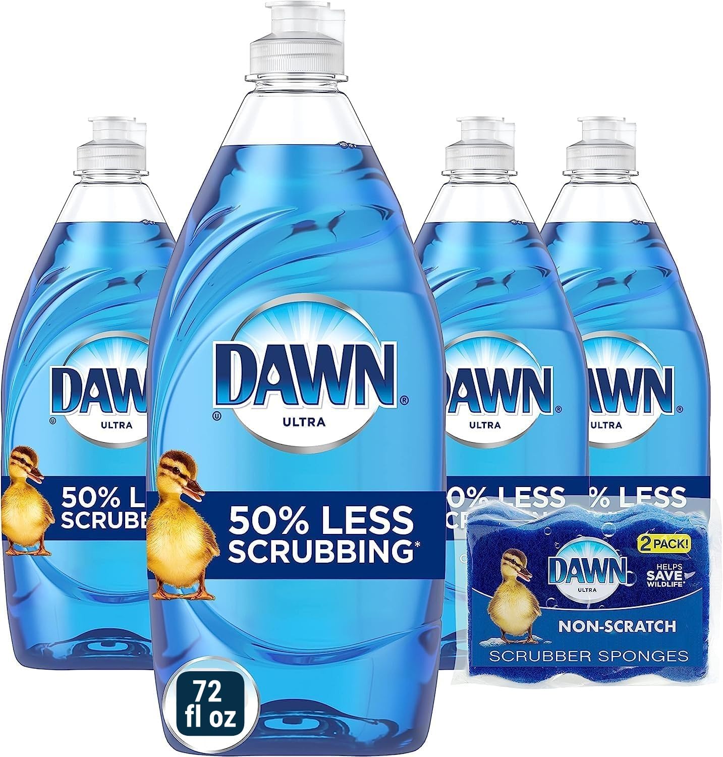 Dawn Ultra Dishwashing Liquid Dish Soap (4x18 Fl oz) + Non-Scratch Sponge (2 Count), Original Scent Image