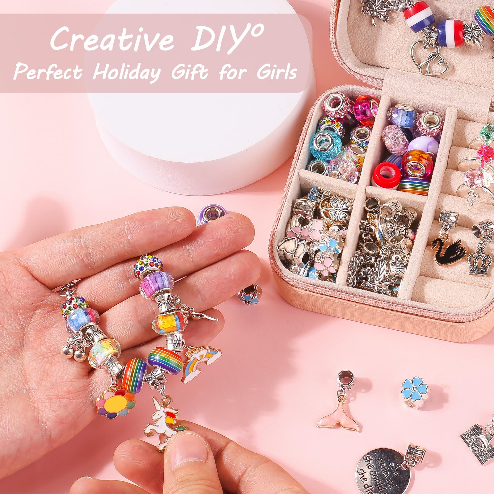 UFU Charm Bracelet Making Kit - 95Pcs DIY Jewelry Making Kit, Mermaid Gifts for Girls Crafts for Girls Ages 5 6 7 8-12, with Portable Bracelet Organizer Box