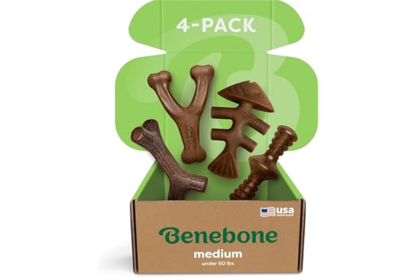 Benebone 4-Pack Durable Dog Chew Toys for Aggressive Chewers, Real Flavors, Made in USA, Medium
