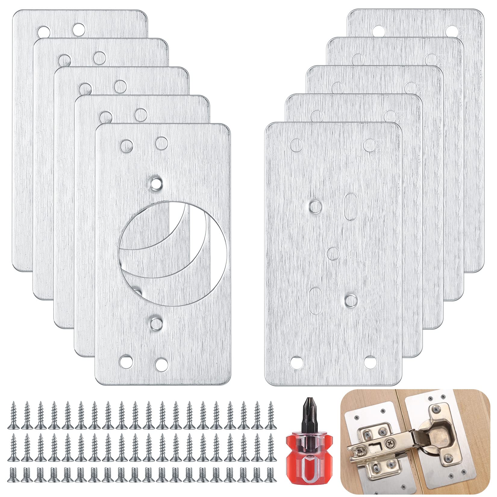 10 Repair Plates for Cabinet Hinges and Furniture Drawers (5 for Hinges, 5 Base) – Silver