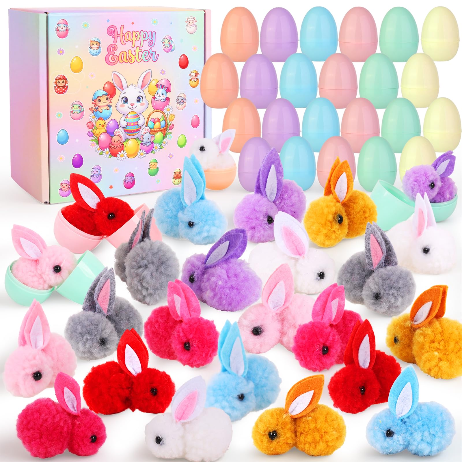 Astrogliter Easter Egg Fillers for Kids Boys Girls Toddlers - 24 Pack Prefilled Easter Eggs with Toys - Pre Filled Bunny Plush Animal Bulk Stuffers Stuffed Egg Classroom Prizes Egg Hunt Party Favors