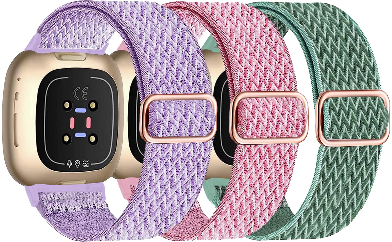 3 Pack Elastic Nylon Straps Compatible for Fitbit Versa 4/Versa 3/Sense 2/Sense Strap, Nigaee Stretchy Adjustable Fabric Breathable Replacement Straps for Women Men