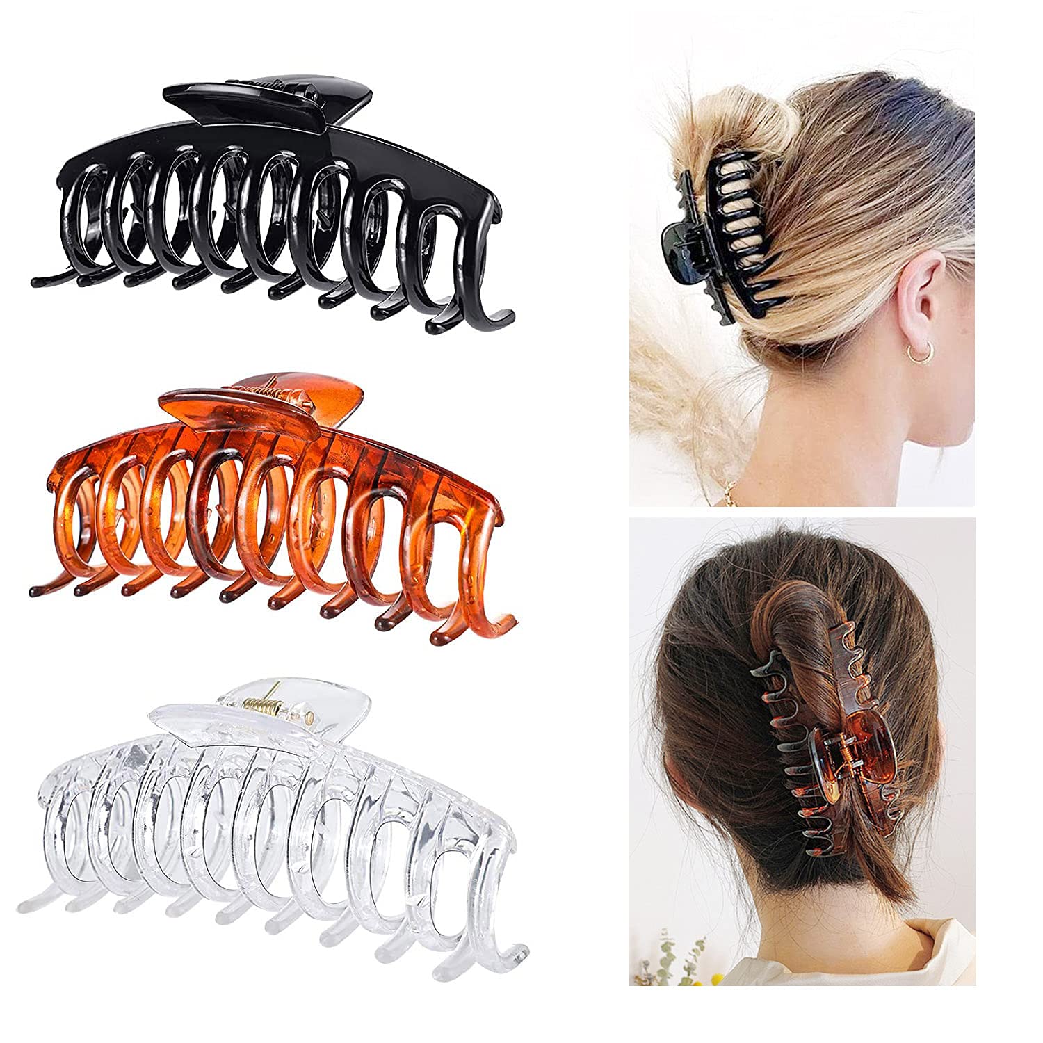 3 Packs Plastic Hair Claws, 4.3 Inch Big Claw Pins, Non Slip Hair Clips Grips, Large Banana Clamps Strong Hold Jaw Clips Hair Styling Accessories for Women Girls, Black, Brown, Clear Crystal
