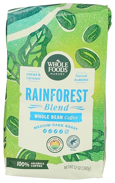 WHOLE FOODS MARKET, RAINFOREST BLEND MEDIUM-DARK ROAST WHOLE BEAN COFFEE, COCOA, CARAMEL & TOASTED ALMOND, 12 OUNCE