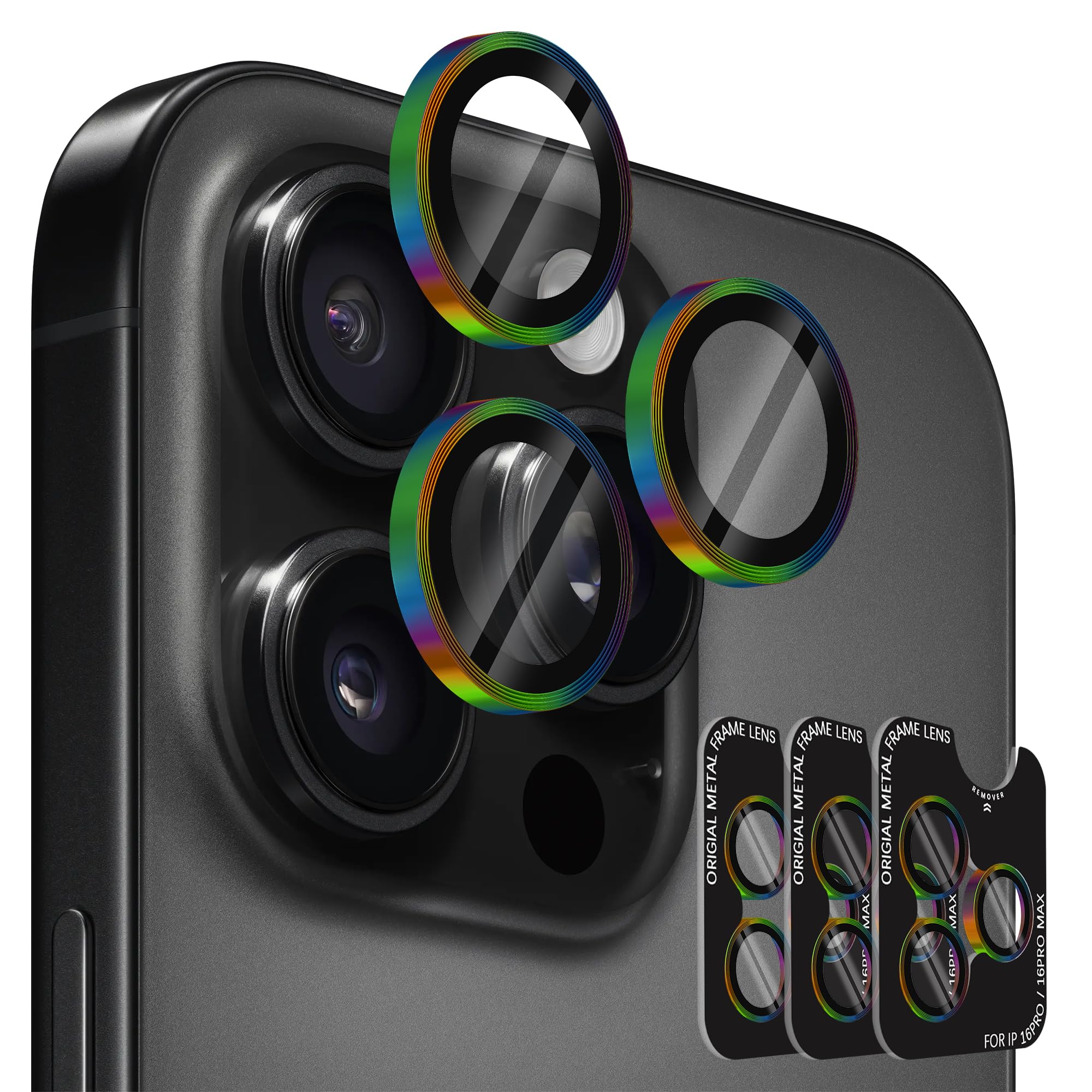 (3 Sets) Orzero Camera Lens Protector Compatible for iPhone 17 Pro/17 Pro Max/16 Pro/16 Pro Max/15 Pro/15 Pro Max/14 Pro/14 Pro Max, Protector de Cámera One-Step Installation Tray Individual Metal Ring Glass - Colorful