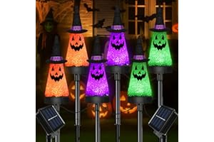 BHCLIGHT 6 Pack Ghost Halloween Solar Decorations Outdoor Pathway Lights, Waterproof Solar Halloween Lights with 2 Modes, Orange Purple and Green Stake Lights for Garden Yard Lawn Walkway Party Decor