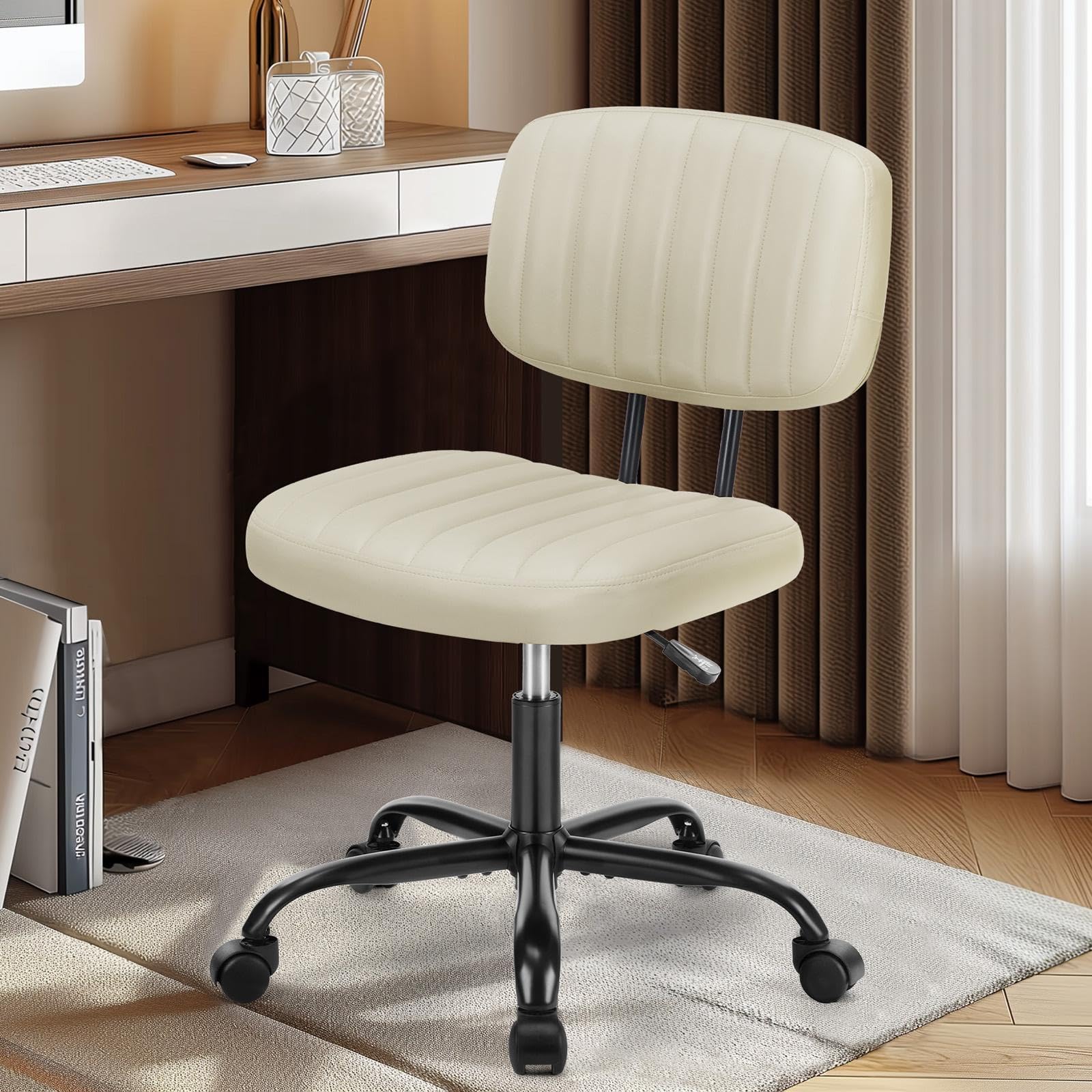 DUMOS Small Office Desk Chair - Armless PU Leather with Comfy Lumbar Support, Height Adjustable Rolling Swivel Task for No Arms, for Adult, Student, Bedroom, Home, Vanity, Beige White Image