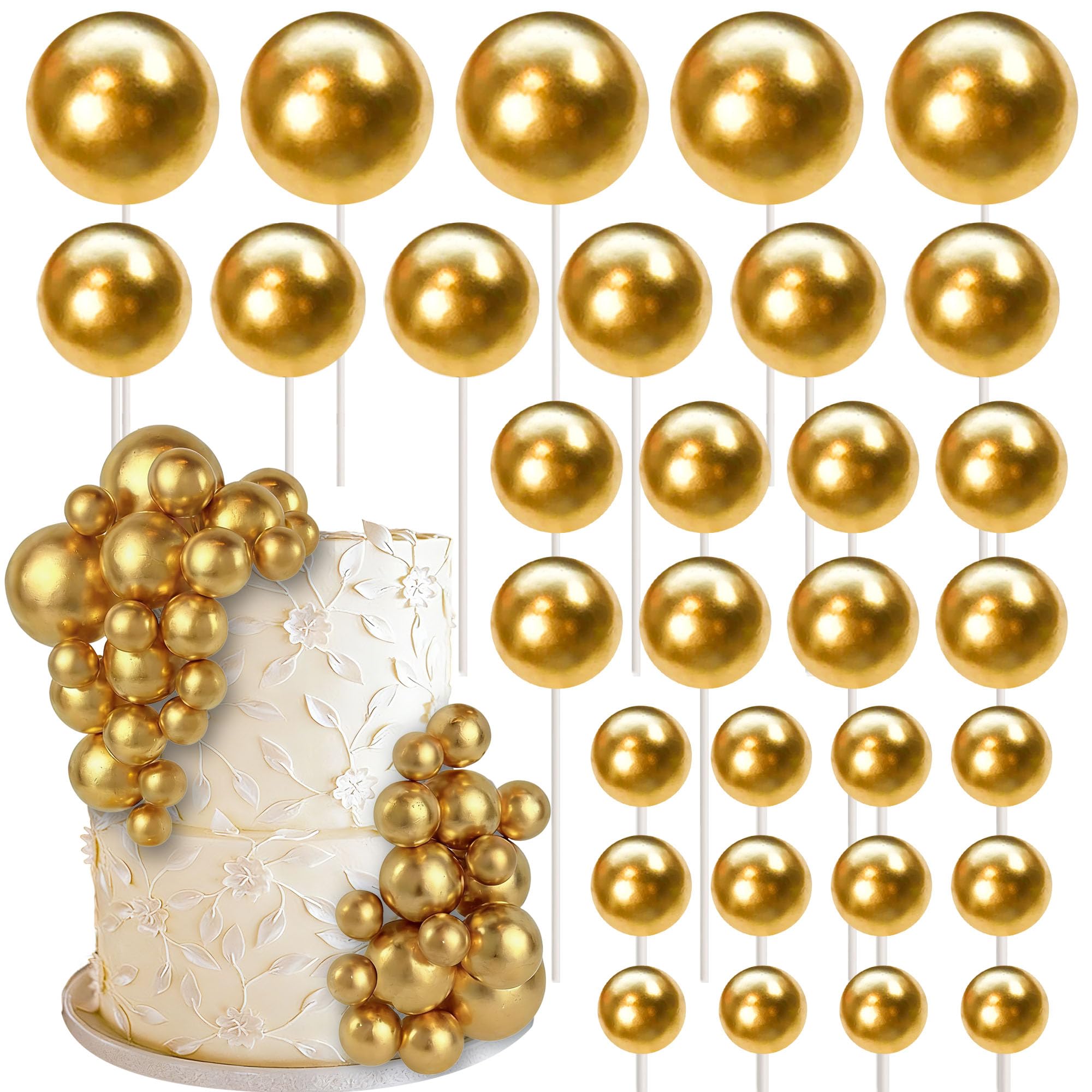 70 Pack Balls Cake Toppers Ball Cake Picks Ball Shaped Cupcake Toppers Foam Balls Cake Topper Insert Mini Balloons Cake Decorations for Wedding Anniversary Baby Shower Birthday Party Supplies Gold