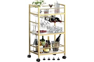HOMEDAWN Bar Cart, Serving Cart for Home, Microwave Cart, Drink Cart, Mobile Kitchen Shelf with Wine Rack and Glass Holder, Rolling Beverage Cart for Dining Room, Gold & White