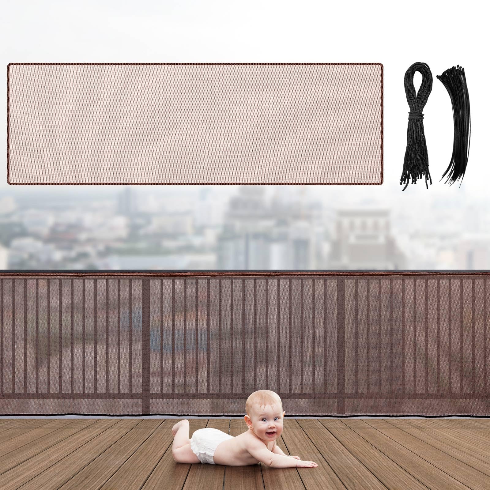 Photo 1 of Hosuly Banister Guard 15 x 3 ft Balcony Netting for Kids Pets Stairway Safety Net Baby Fence Door Balcony Netting Safety Mesh Stair Net with No Drilling for Apartment Railing(Brown)