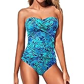Holipick Women Strapless One Piece Swimsuits Tummy Control Bandeau Bathing Suits Retro Slimming Swimwear