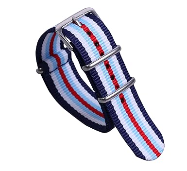 24mm Dark/Light Blue/White/Red Durable Stylish Nylon NATO Style Watch Straps Bands Replacements for Men