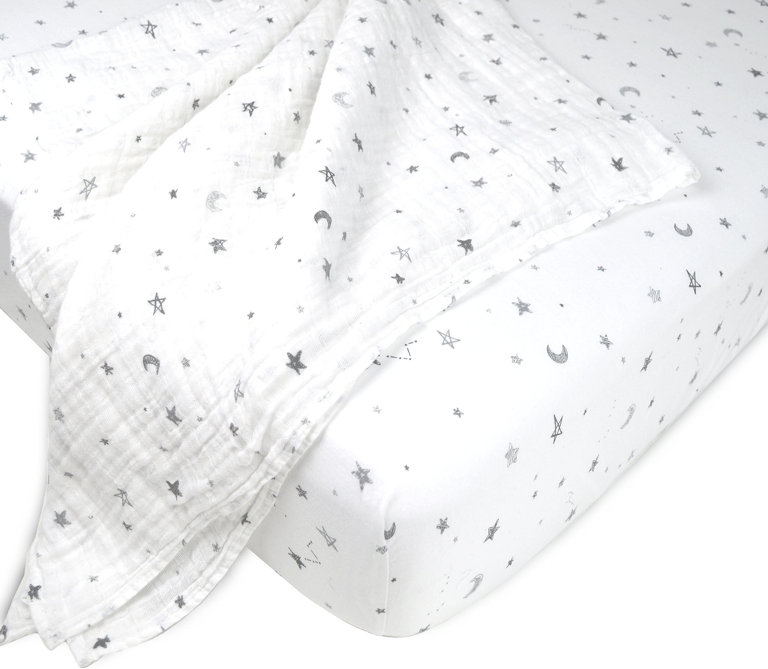 American Baby Company New Baby Welcome Kit with Muslin Cotton Swaddle Blanket and Fitted Crib Sheet, Grey Stars and Moons, for Boys and Girls