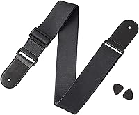 Amazon _ Amazonベーシック ギターストラップ エレクトリック_アコースティックギター_バス用 調節式 PUレザーエンド ソフトタイプ ピック2個付き ブラック _ 楽器・音響機器 _ 楽器