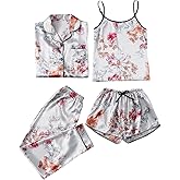 WDIRARA Women's Silk Satin Pajama Set 4 Pieces Sleepwear Loungewear Pj Sets