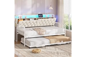 ADORNEVE Daybed with Trundle, Twin to King Daybed with Charging Station & LED Lights, Metal Trundle Bed Twin with Hidden Storage Headboard, Upholstered Sofa Day Bed for Living Room, Bedroom, White