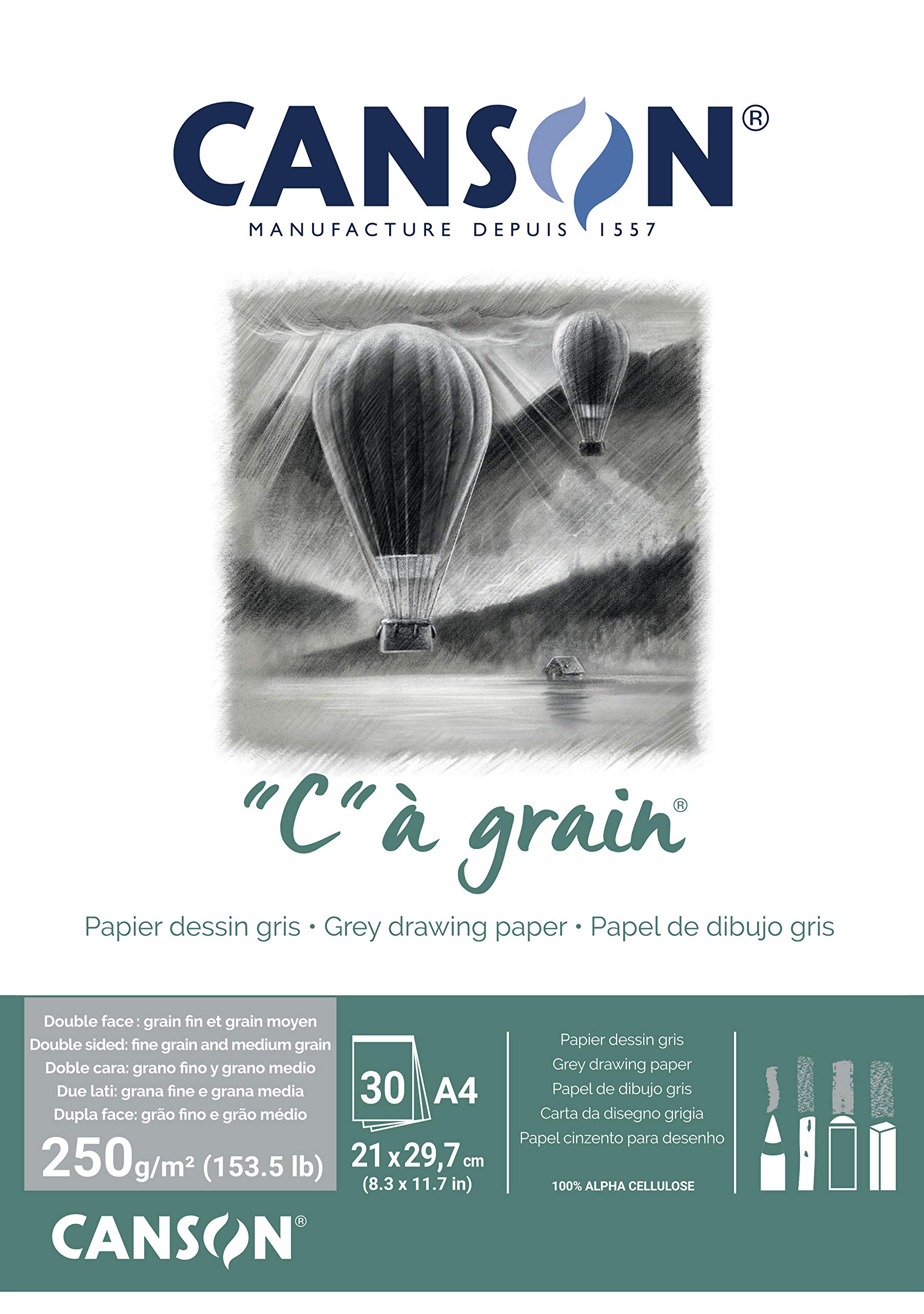 Canson "C à Grain A4 250g Mottled Grey Drawing & Sketching Paper Pad, 30 Sheets, Fine & Medium Grain Texture, Glued on Short Side, For Professional Artists