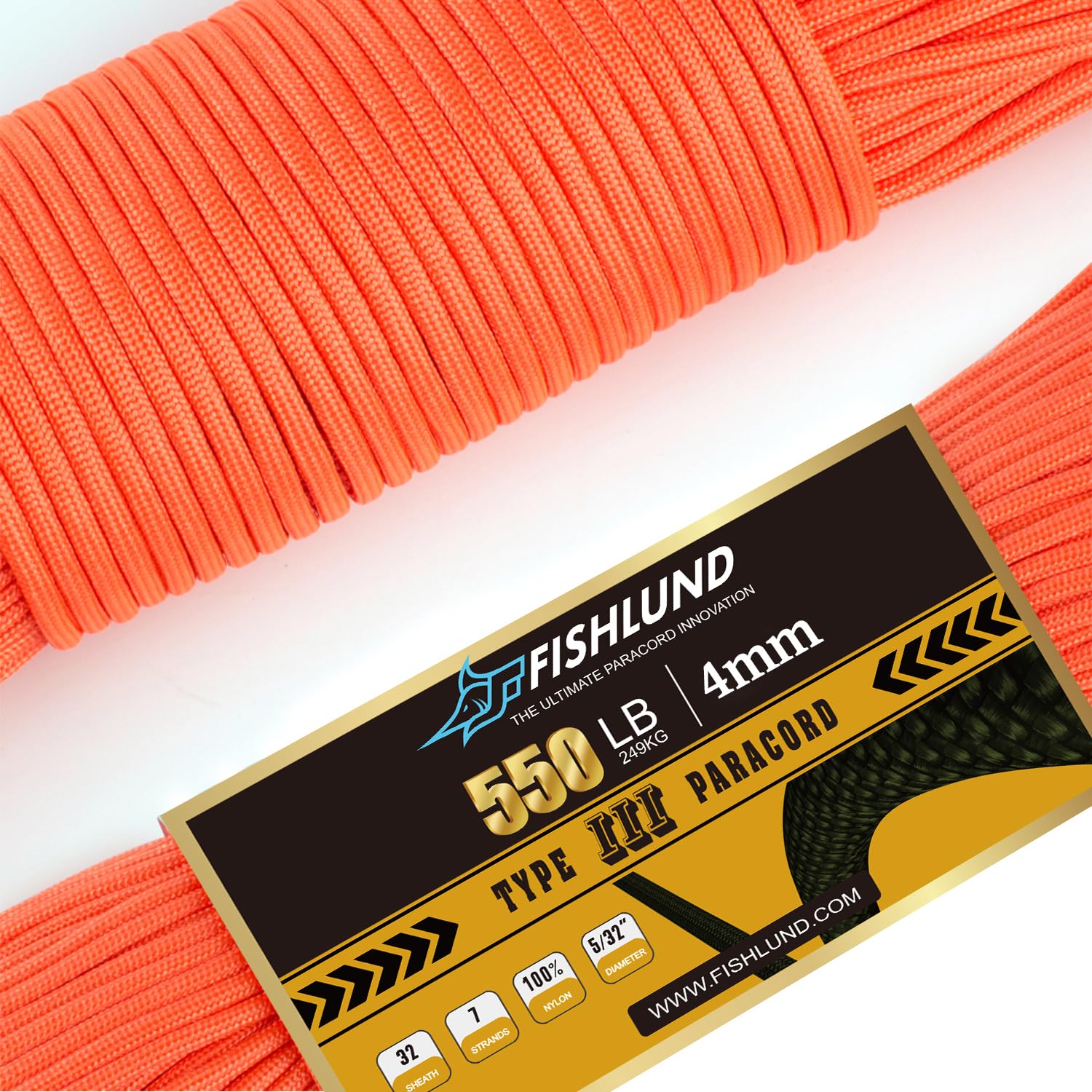 FISHLUND Paracord 550 lb, 7 Strand Paracord Rope 100ft 4mm, Nylon Parachute Cord for Camping, Neon Orange