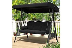 AECOJOY Outdoor Porch Swing, 3-Seat Patio Swings with Adjustable Canopy, Outside Swing for Adult with Black Removable Cushion