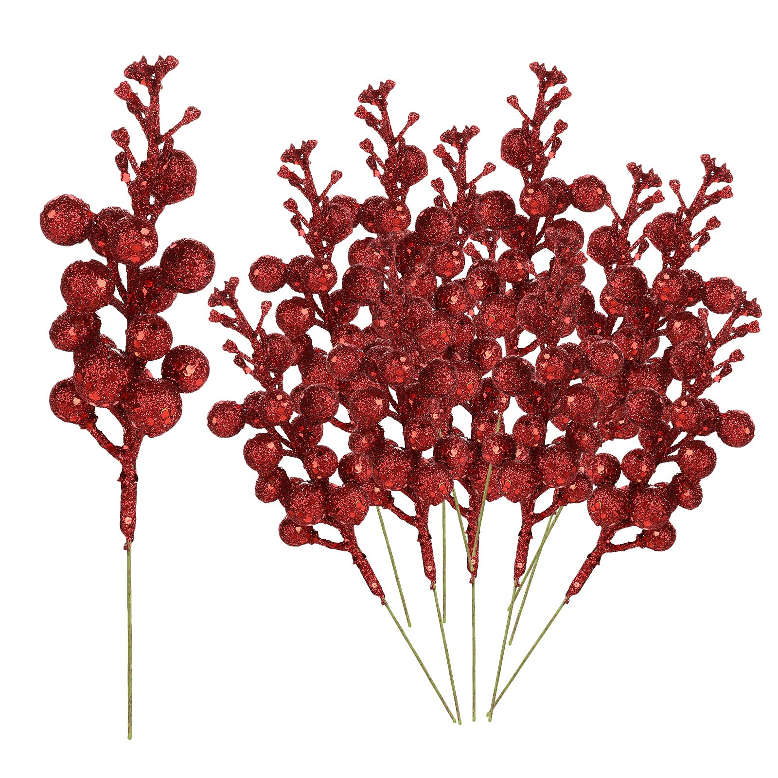 Wyi 24Pcs Christmas Glitter Berries Stems 7.87in Xmas Artificial Fruit Red Berry Stem Simulation Picks Holly Berry Twig for Christmas Tree Wreath Garland Decoration-Red
