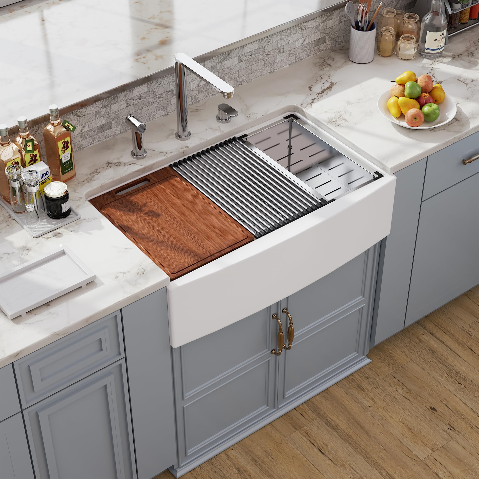Photo 1 of 33 White Farmhouse Sink Workstation, Hugsleek Undermount Farm Kitchen Sink 33x21 inch Apron Front White Porcelain Ceramic Fireclay Sinks Ledge Accessories Under Counter Single Bowl Farmer Sinks Basin
