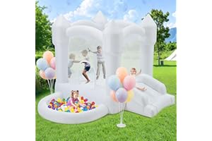 HOMMOW Inflatable White Bounce House,Indoor & Outdoor Bouncy Castle with Air Blower,Ball Pool and Slide for Wedding Party Kids Birthday Party