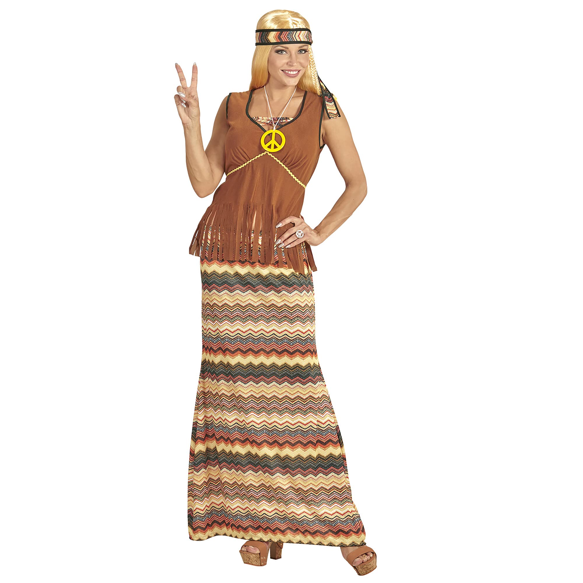 Widmann adult's hippie woman costume, dress with jacket, skirt, headband and necklace with peace sign