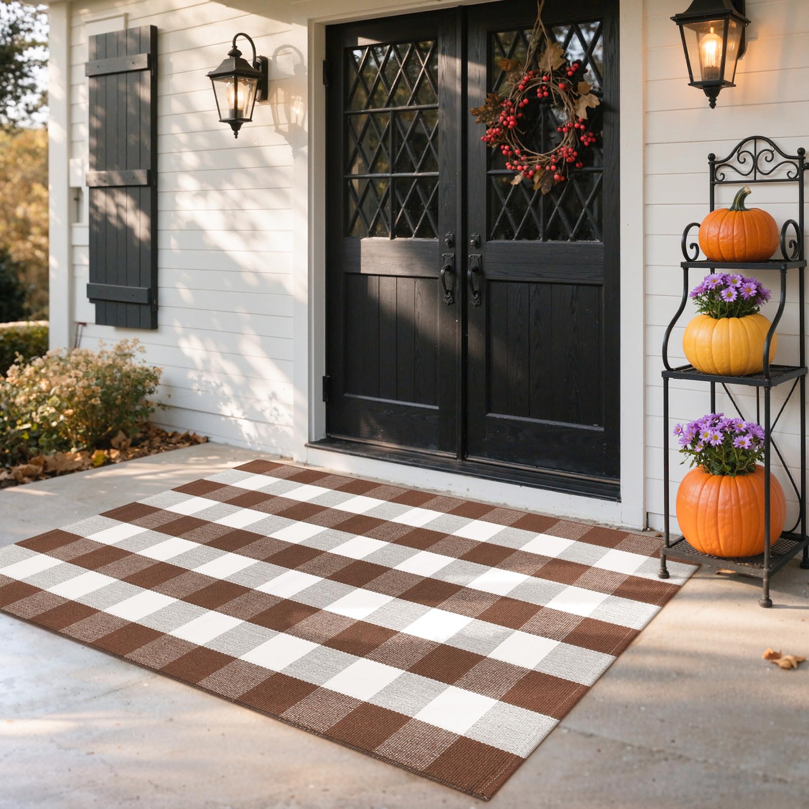 Photo 1 of LEEVAN Fall Buffalo Plaid Outdoor Rugs 3x5, Tan Coffee and White Checkered Porch Rug, Washable Woven Welcome Layered Entryway Door Mat for Kitchen Farmhouse Bathroom