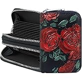 CONISY RFID Credit Card Holder for Women, Genuine Leather Printed Zip Around Small Accordion Wallet for Ladies (Red Rose)