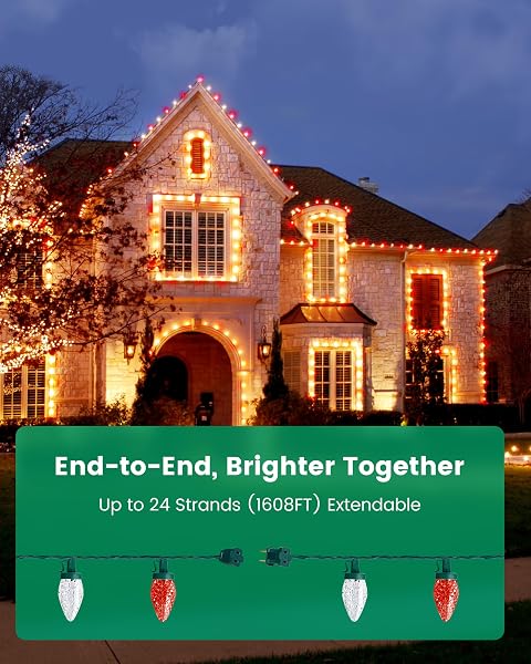 SURAIELEC C9 LED CHRISTMAS LIGHTS WITH CLIPS, 67FT 100 COUNT OUTDOOR CHRISTMAS ROOF LIGHTS WITH SPRING CLIPS, RED & WARM WHITE STRING LIGHTS FOR HOUSE, GUTTERS, SHINGLES, ROOFLINE, UL LISTED