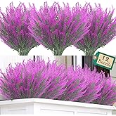 Grunyia 12 Bundles Artificial Lavender Flowers Outdoor UV Resistant Fake Flowers Faux Plastic Plants Garden Porch Window Box Decorating (Purple)