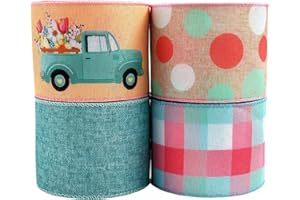 Veemoon 4 Rolls Easter Wired Edge Ribbon 6.3cm Wide, 5 Yards Each, Floral Spring Wrapping Ribbon Set