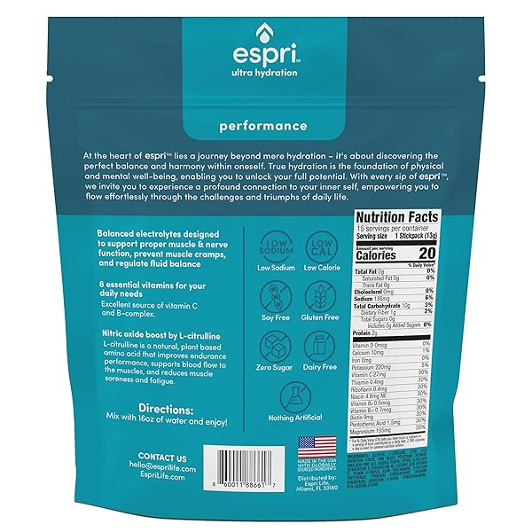 ESPRI ZERO SUGAR ELECTROLYTE DRINK MIX, YUZU CITRUS, HYDRATION PACKETS, NITRIC OXIDE BOOST, LOW CALORIES, MAGNESIUM CITRATE PREVENTS MUSCLE CRAMPS AND IMPROVES RECOVERY, 15 DAY SUPPLY
