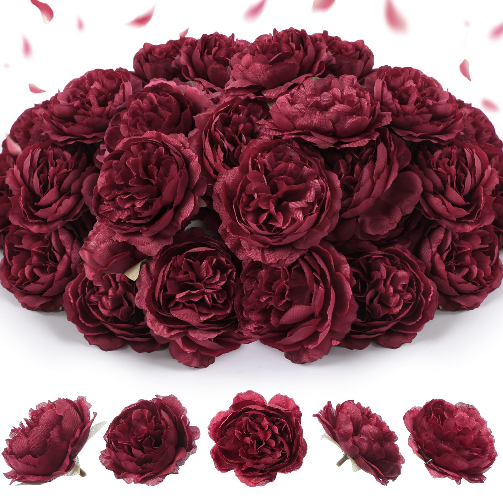 Photo 1 of Thiccywoov 50 Pcs Artificial Flowers, 3.2 Inches Silk Rose Head Flowers Fake No Stem for Wedding Bridal Bouquet Home Floral Decor DIY Centerpieces Arrangements Party Tables Decorations (Burgundy)